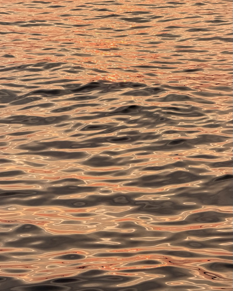 Surface de l'eau ridée par le vent, reflets cuivrés du couchant